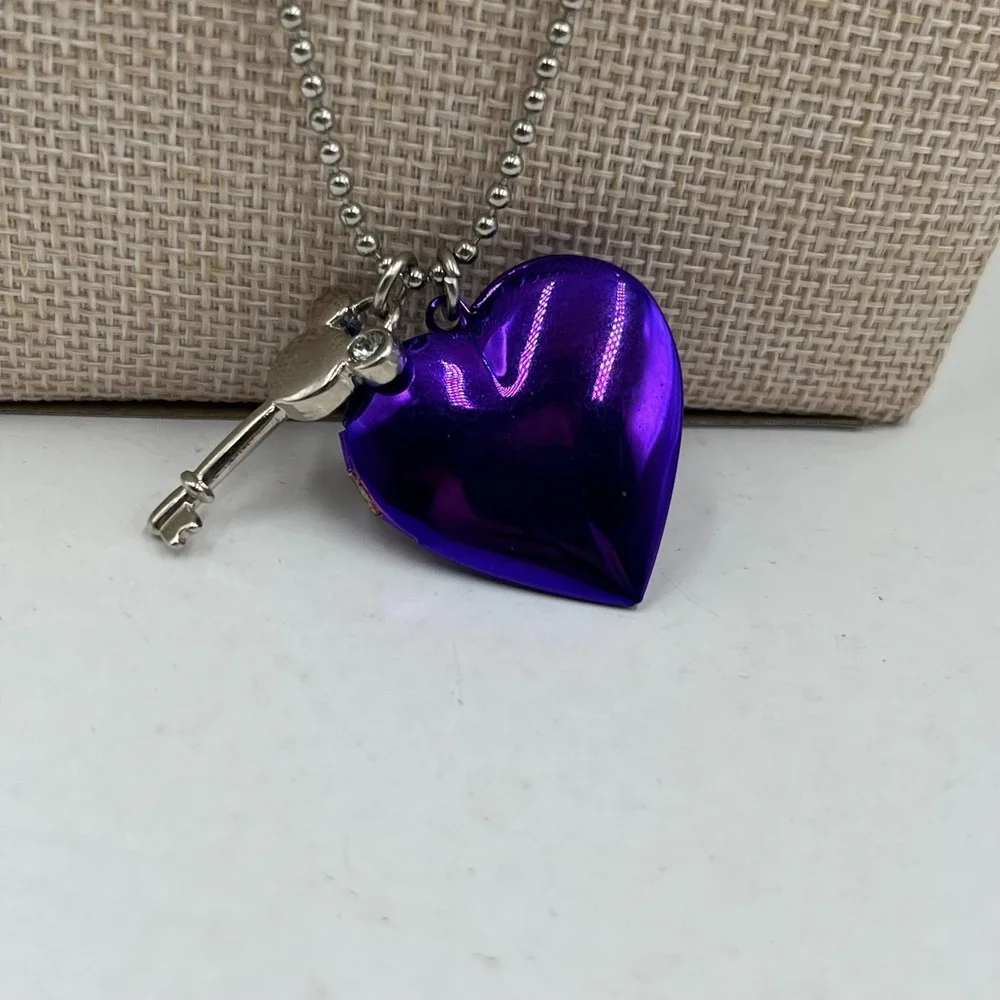 Vintage Disney Mickey Mouse Purple Heart Locket Necklace & Key Charm Gold Tone